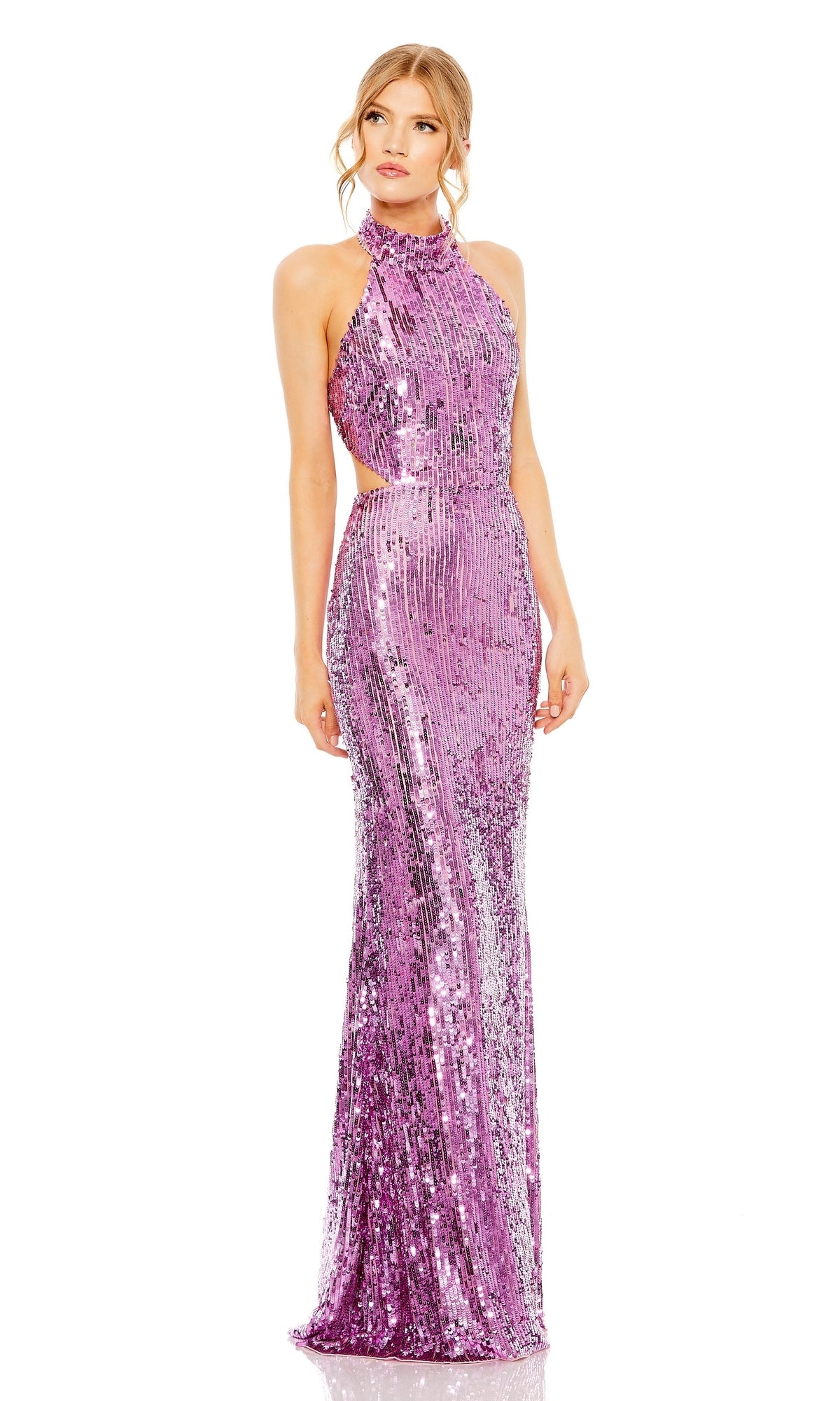 A woman wears the Long Formal Dress 93976 by Mac Duggal—a sleeveless, floor-length pink sequin gown with a high neck—standing against a white background.